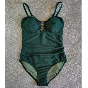 Aidonger Emerald Green Metallic Ribbed One Piece Swimsuit Gold Hardware Medium